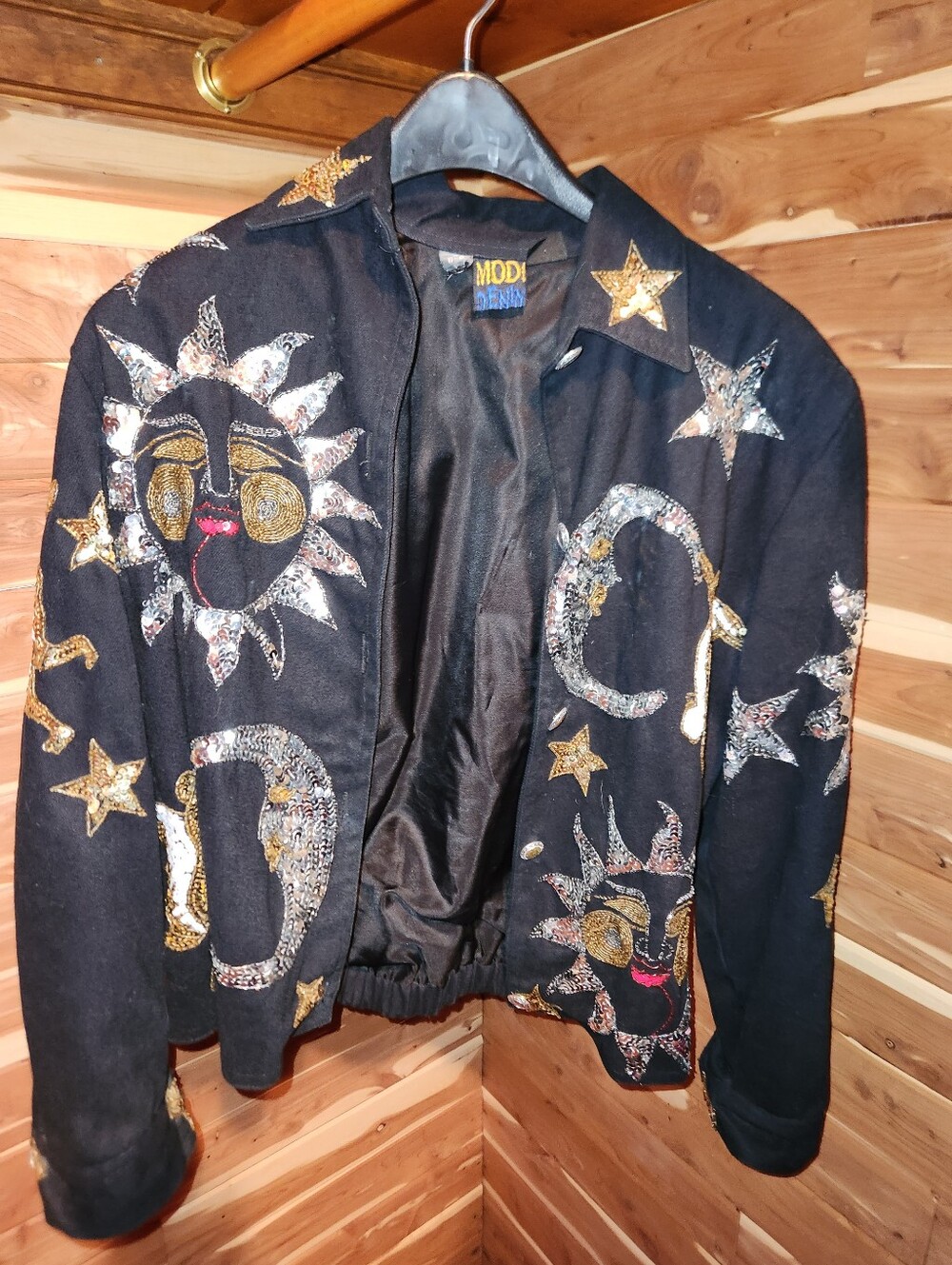 Modi Denim Black Sequin Sun & Moon Embellished Jacket